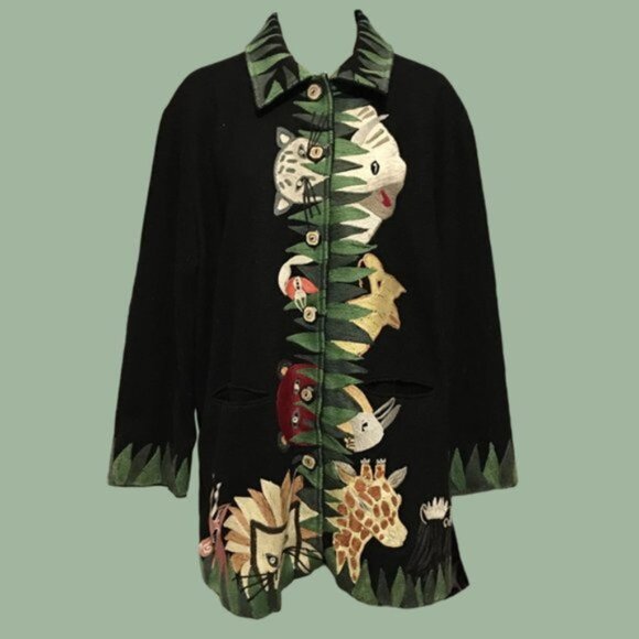 Anage Vintage Embroidered Jungle Animal Jacket Giraffe Antelope Leopard Art 2X - Picture 2 of 9